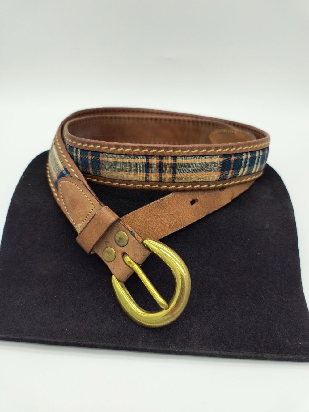 Miller’s Harness Co. Plaid/Tartan Webbing Leather Belt Solid Brass Buckle
